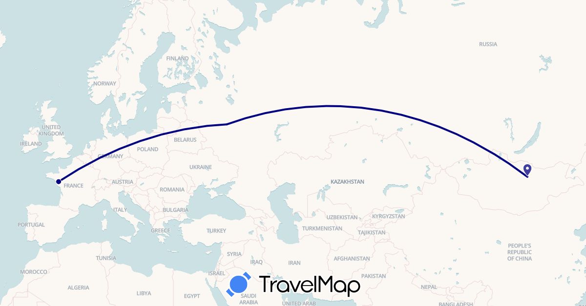 TravelMap itinerary: driving in France, Mongolia, Russia (Asia, Europe)